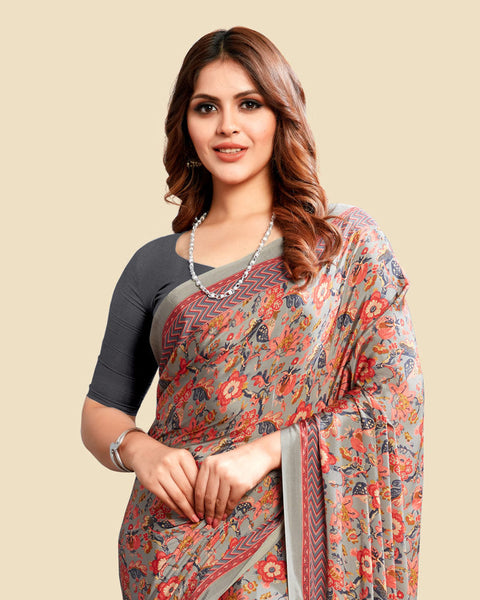 Pale Oyster Grey Printed Digital Print Crepe Saree