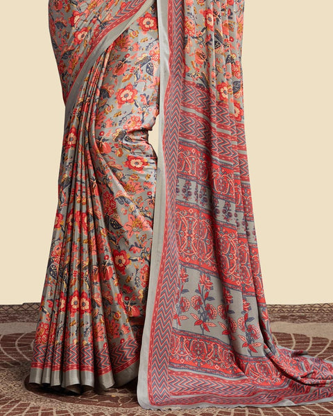 Pale Oyster Grey Printed Digital Print Crepe Saree
