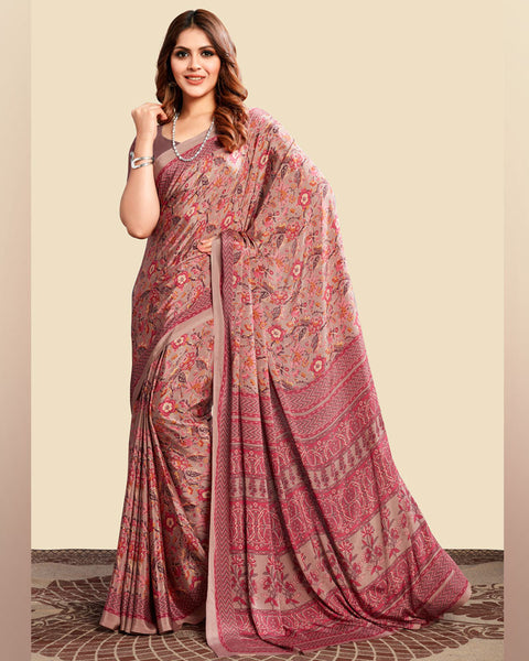 Oriental Pink Printed Digital Print Crepe Saree