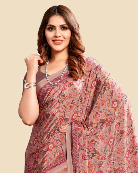 Oriental Pink Printed Digital Print Crepe Saree