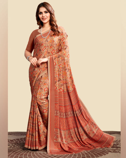 Pinkish Brown Printed Digital Print Crepe Saree