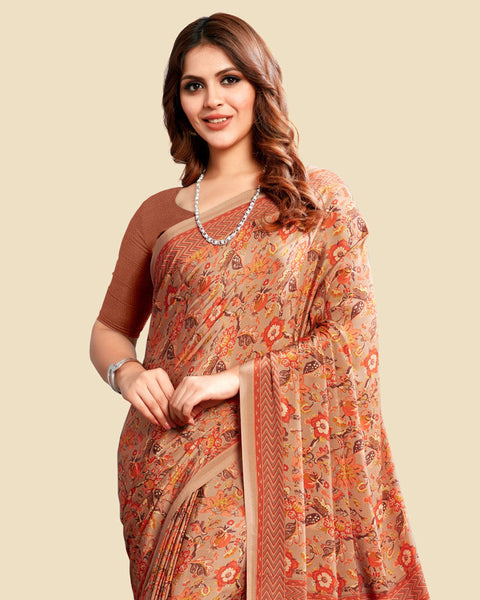 Pinkish Brown Printed Digital Print Crepe Saree