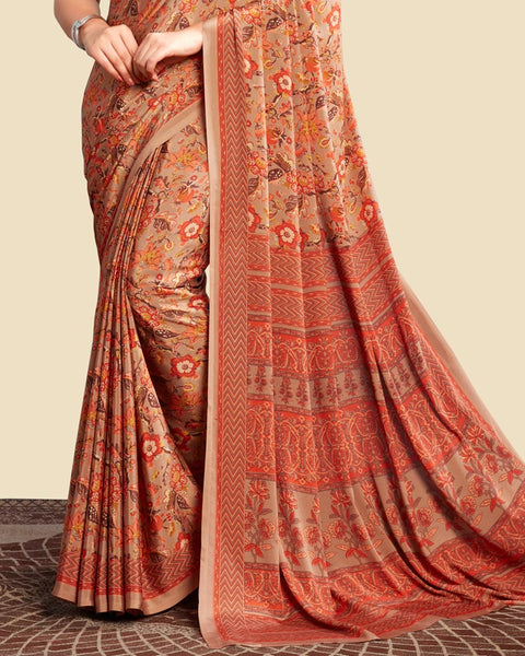 Pinkish Brown Printed Digital Print Crepe Saree
