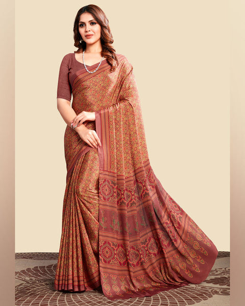 Chestnut Pink Printed Digital Print Crepe Saree