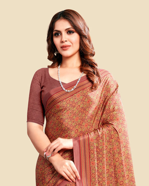 Chestnut Pink Printed Digital Print Crepe Saree