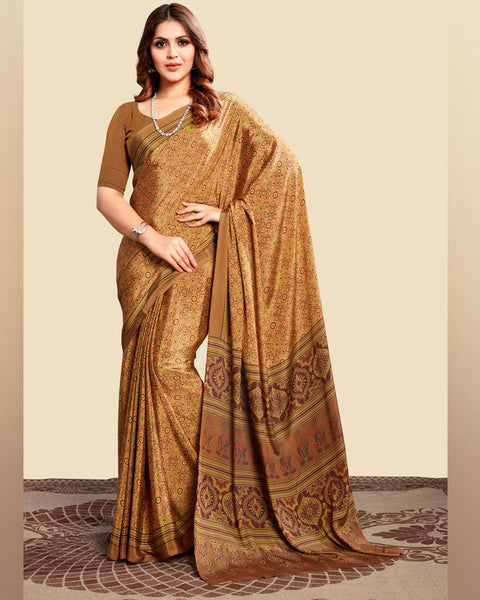Copper Yellow Printed Digital Print Crepe Saree