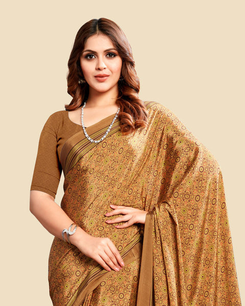 Copper Yellow Printed Digital Print Crepe Saree