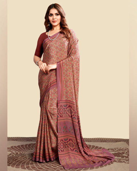 Dusty Rose Pink Printed Digital Print Crepe Saree