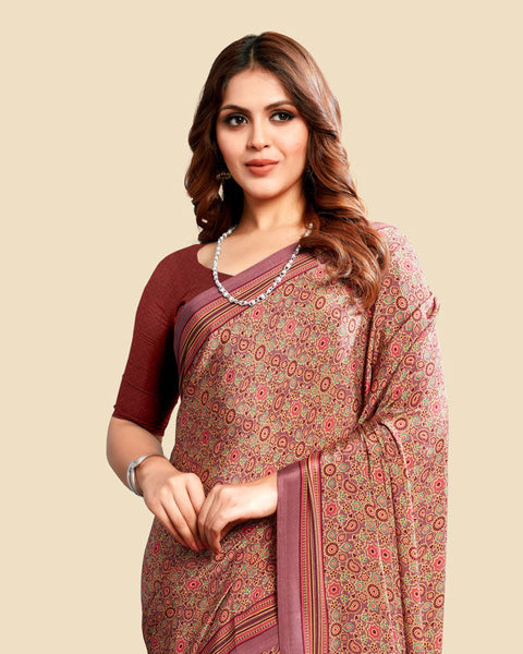 Dusty Rose Pink Printed Digital Print Crepe Saree