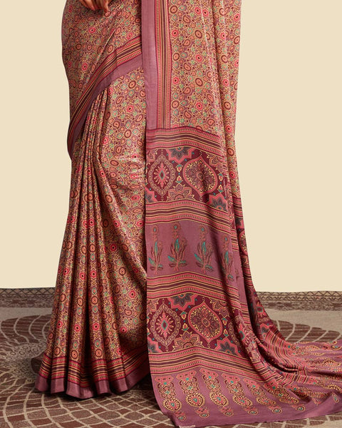 Dusty Rose Pink Printed Digital Print Crepe Saree
