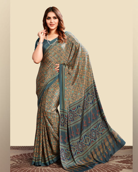 Pastel Slate Blue Printed Digital Print Crepe Saree