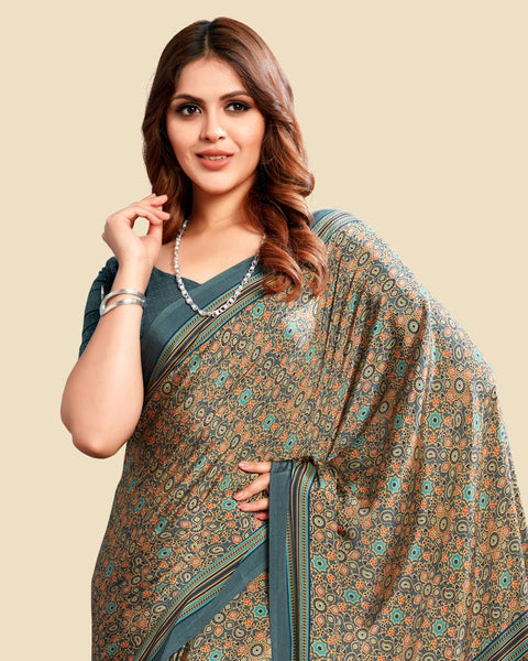 Pastel Slate Blue Printed Digital Print Crepe Saree