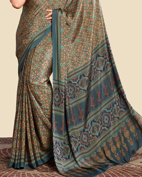 Pastel Slate Blue Printed Digital Print Crepe Saree