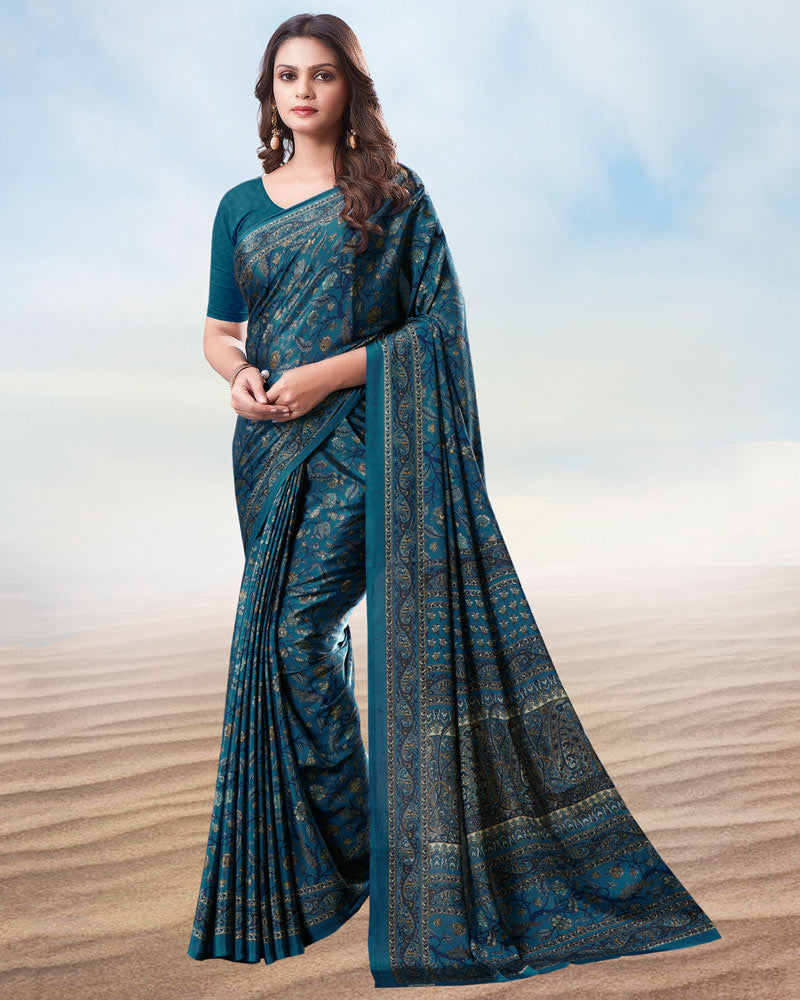 Peacock Blue Digital Print Premium Crepe Saree