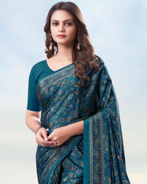 Peacock Blue Digital Print Premium Crepe Saree