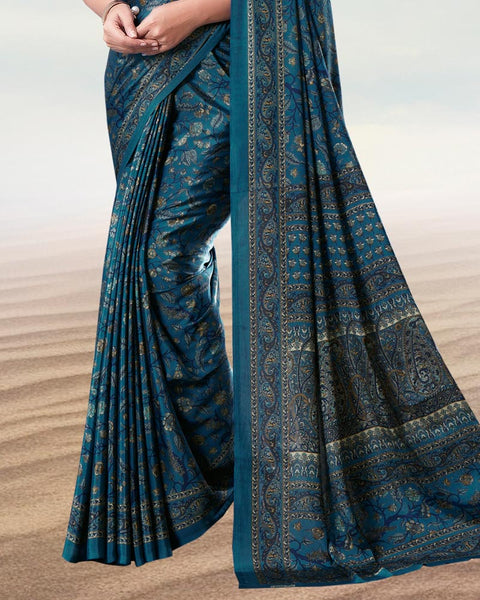 Peacock Blue Digital Print Premium Crepe Saree