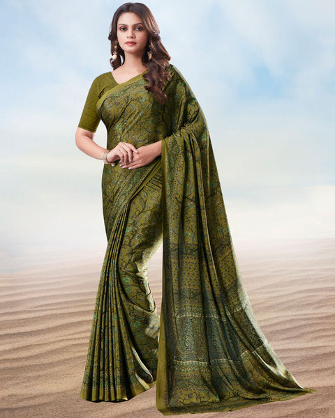 Olive Green Digital Print Premium Crepe Saree