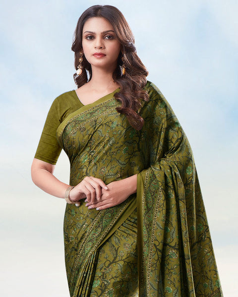 Olive Green Digital Print Premium Crepe Saree