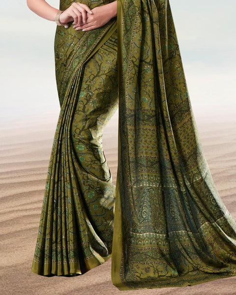 Olive Green Digital Print Premium Crepe Saree