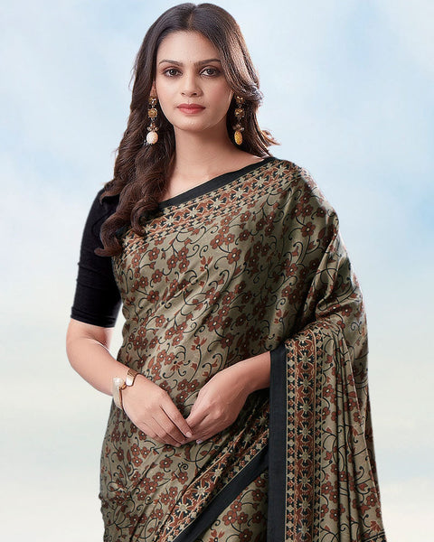 Greyish Brown Digital Print Premium Crepe Saree