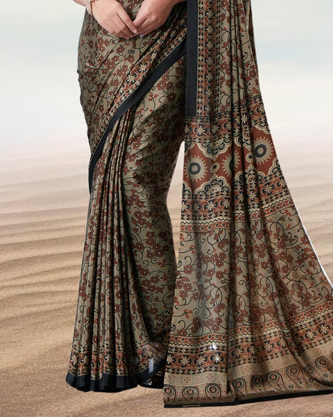 Greyish Brown Digital Print Premium Crepe Saree