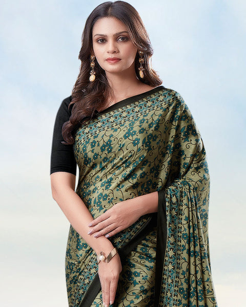 Light Olive And Aqua Green Digital Print Premium Crepe Saree