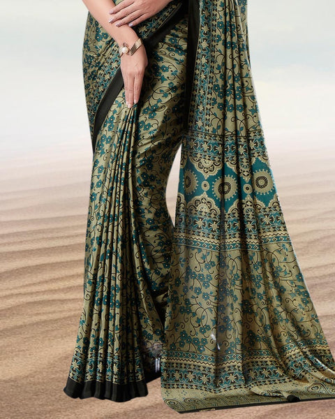 Light Olive And Aqua Green Digital Print Premium Crepe Saree