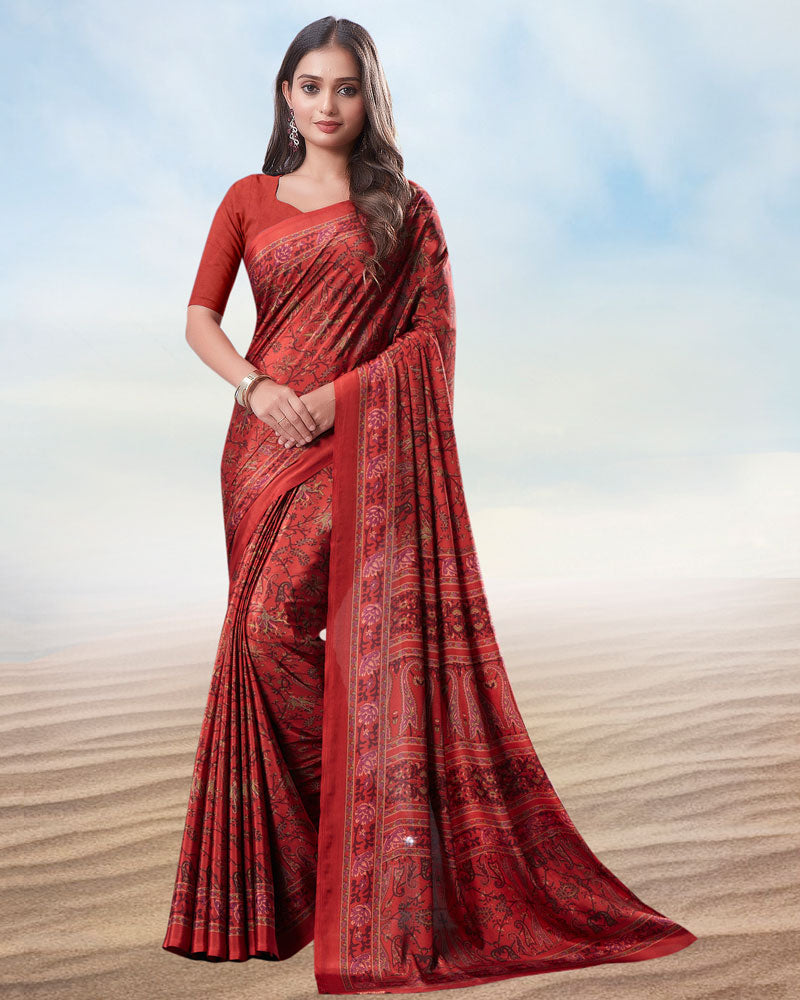 Faded Red Digital Print Premium Crepe Saree