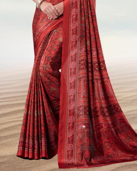 Faded Red Digital Print Premium Crepe Saree