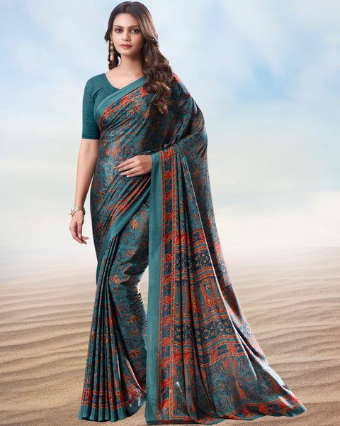 Dusty Teal Blue Digital Print Premium Crepe Saree
