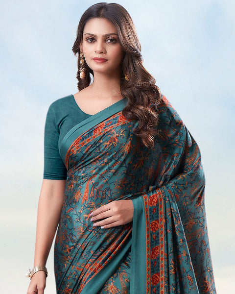 Dusty Teal Blue Digital Print Premium Crepe Saree