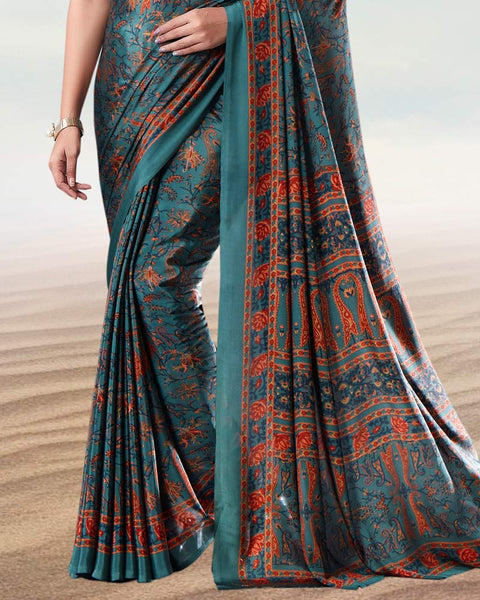 Dusty Teal Blue Digital Print Premium Crepe Saree