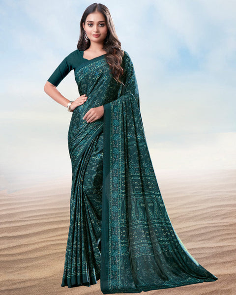 Dark Green Blue Digital Print Premium Crepe Saree