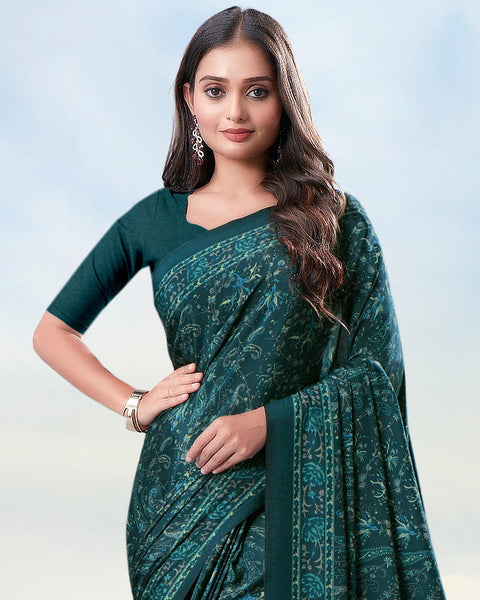 Dark Green Blue Digital Print Premium Crepe Saree
