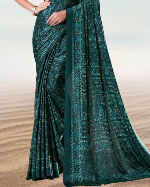 Dark Green Blue Digital Print Premium Crepe Saree