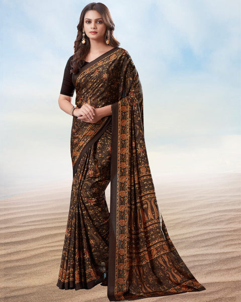 Coffee Brown Digital Print Premium Crepe Saree