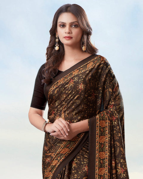 Coffee Brown Digital Print Premium Crepe Saree
