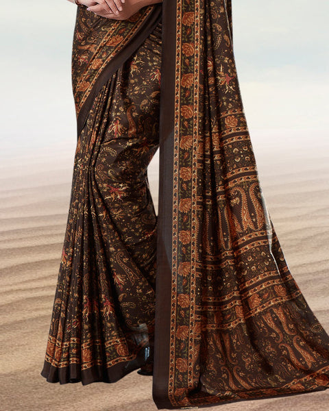 Coffee Brown Digital Print Premium Crepe Saree