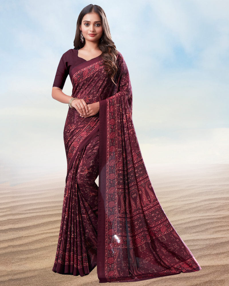 Wine Berry And Light Maroon Digital Print Premium Crepe Saree