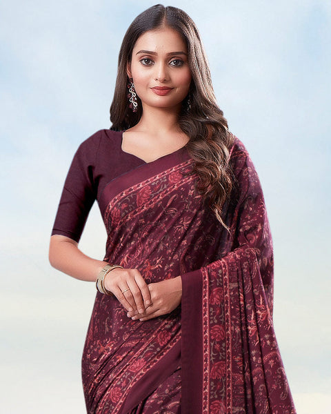Wine Berry And Light Maroon Digital Print Premium Crepe Saree