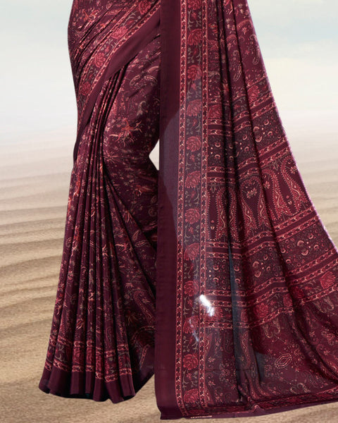 Wine Berry And Light Maroon Digital Print Premium Crepe Saree