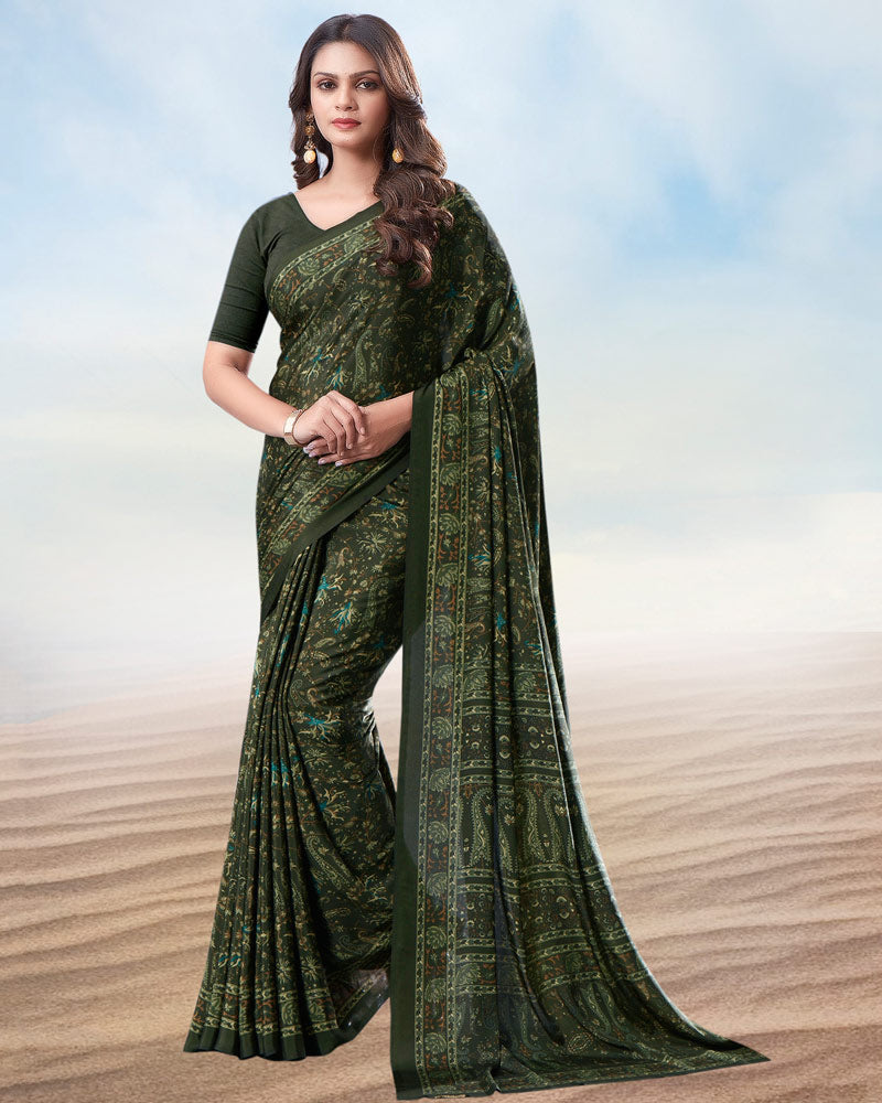 Dark Jungle Green Digital Print Premium Crepe Saree
