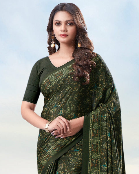 Dark Jungle Green Digital Print Premium Crepe Saree