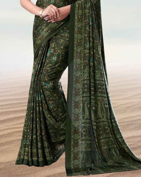 Dark Jungle Green Digital Print Premium Crepe Saree