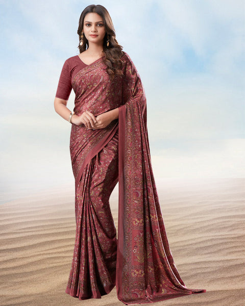 Dusty Rose Pink Digital Print Premium Crepe Saree