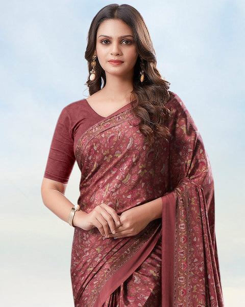 Dusty Rose Pink Digital Print Premium Crepe Saree