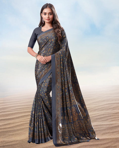 Smokey Grey Digital Print Premium Crepe Saree