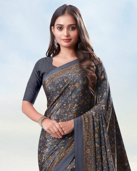 Smokey Grey Digital Print Premium Crepe Saree