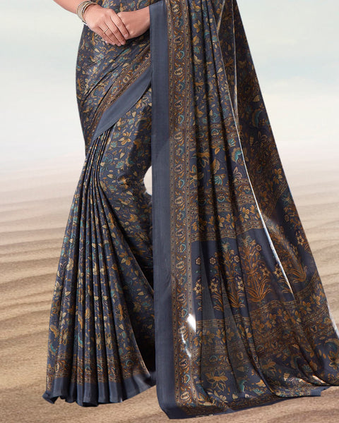 Smokey Grey Digital Print Premium Crepe Saree