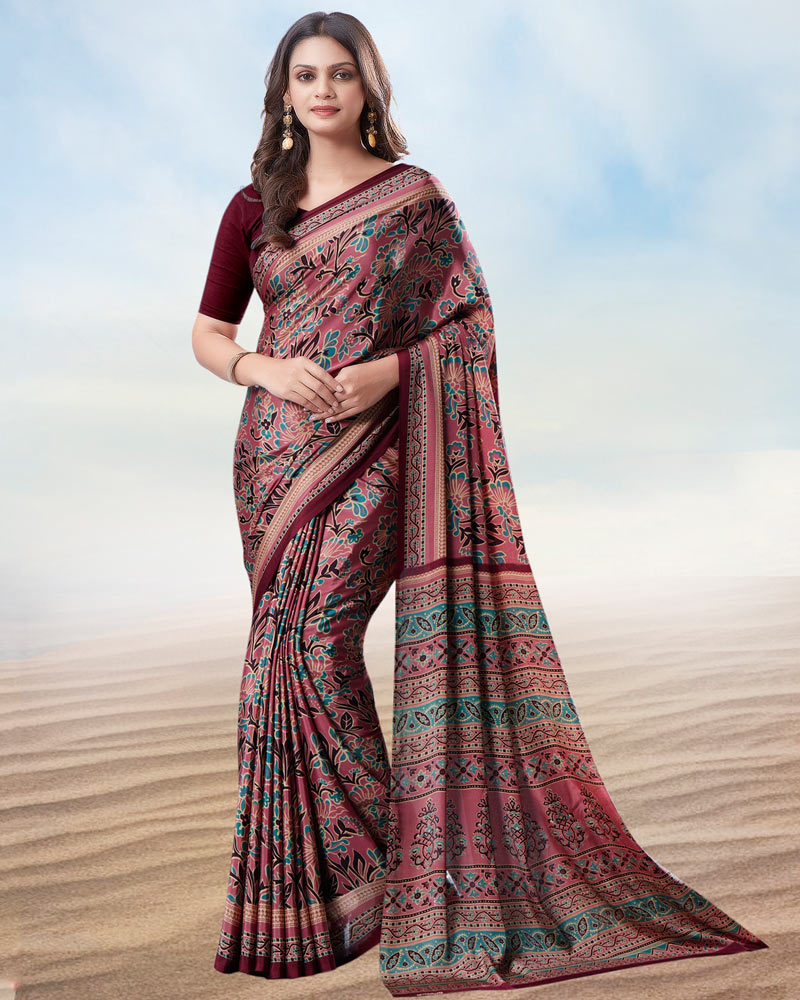 Dusty Rose Pink Digital Print Premium Crepe Saree